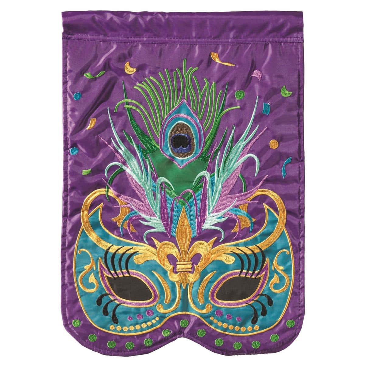 13x18 purple Mardi Gras garden flag featuring an ornate mask applique, layered double applique design, green and gold accents, fits standard garden flag pole and stands