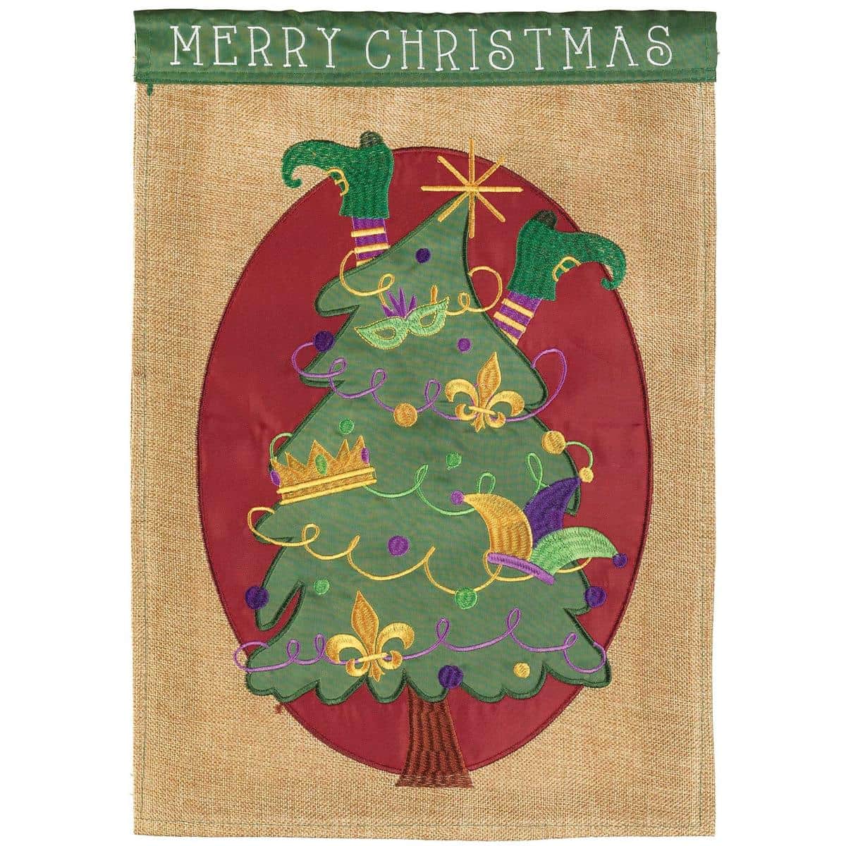 Double applique 13x18 Mardi Gras meets Christmas garden flag with purple, green, and gold accents and two-sided Merry Christmas message for outdoor display