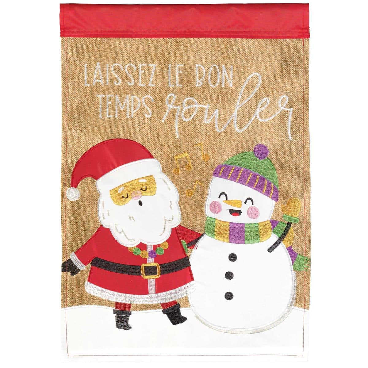 Mardi Gras Santa garden flag showing purple green and gold beads, feathered mask, and jester motifs in double applique detail on a 13x18 inch LA-Christmas style flag mounted on a yard pole.
