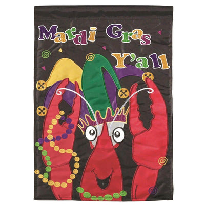 Front view of LA-MardiGras Yall Crawfish 29x42 double applique banner flag showing crawfish motif, fleur-de-lis accents, purple green and gold stripes, sewn pole sleeve and reinforced hem.