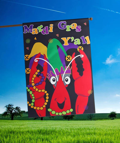 Front view of LA-MardiGras Yall Crawfish 29x42 double applique banner flag showing crawfish motif, fleur-de-lis accents, purple green and gold stripes, sewn pole sleeve and reinforced hem.