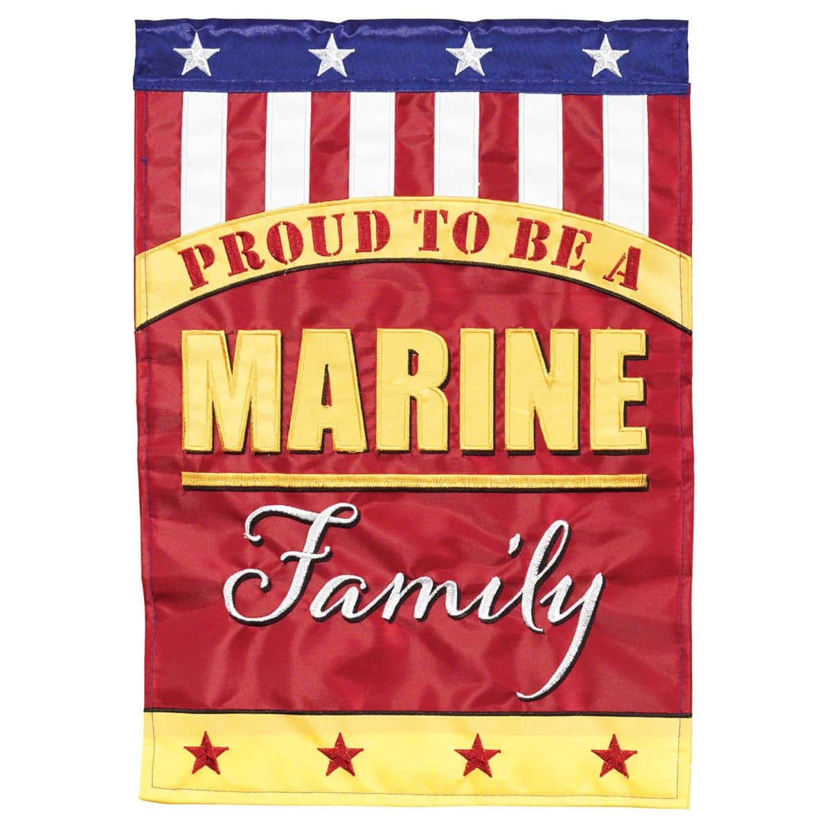 Double applique Marines Family 13x18 military garden flag on stand, two sided stitched letters in bold patriotic colors, outdoor yard and porch decor