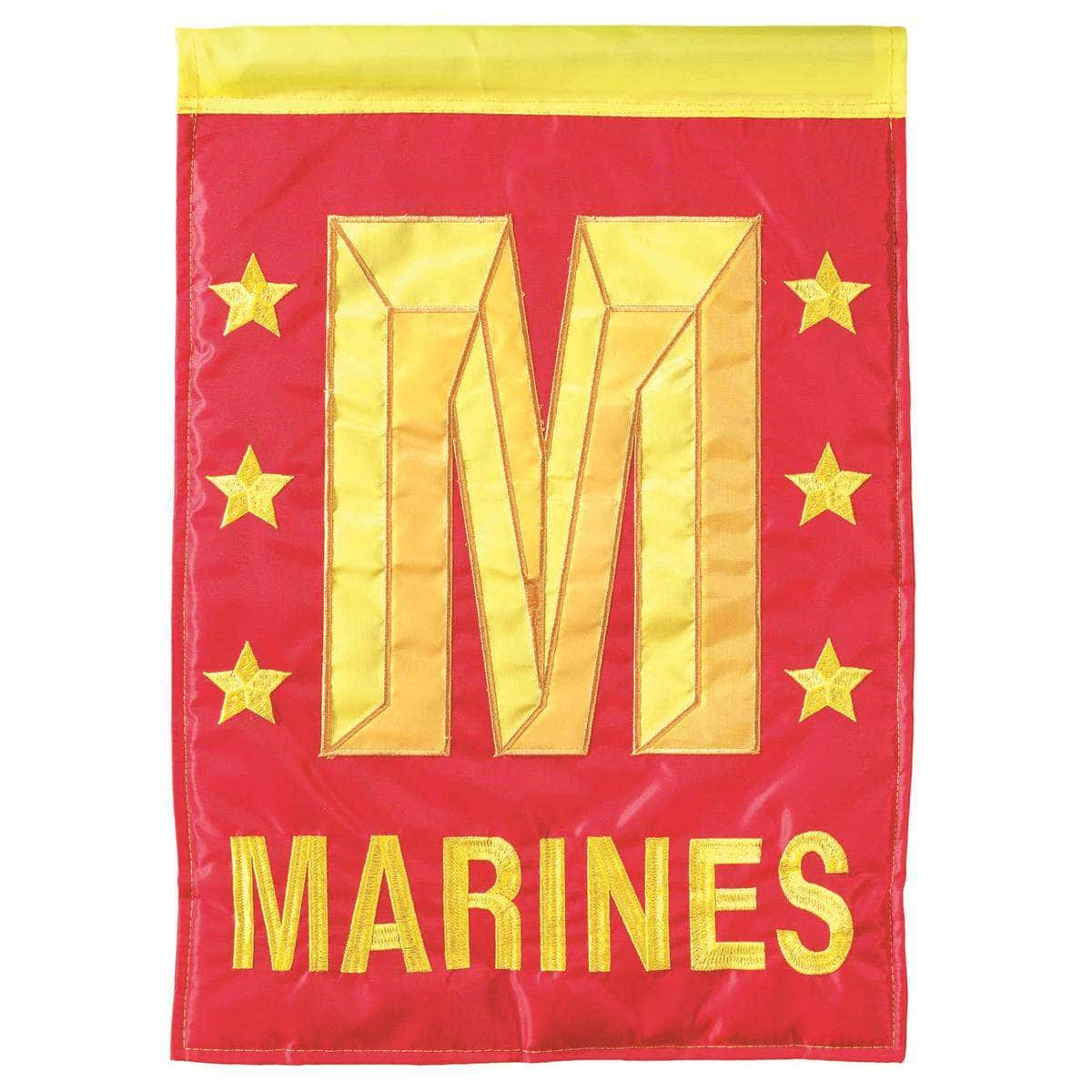 Marines Garden Flag with double-thickness design, intricate applique stitching, and durable nylon construction for patriotic outdoor décor.