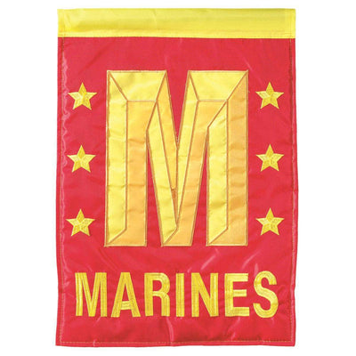 Marines Garden Flag with double-thickness design, intricate applique stitching, and durable nylon construction for patriotic outdoor décor.