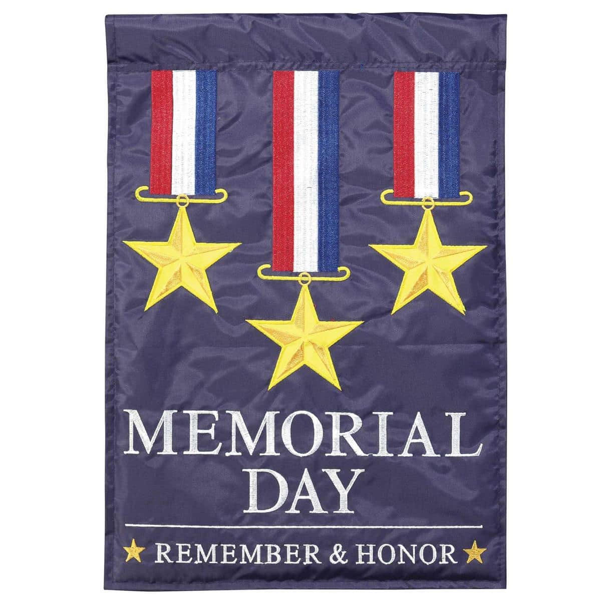 13x18 Memorial Day garden flag with military insignia and double applique stars and stripes, durable polyester for outdoor memorial and patriotic displays.
