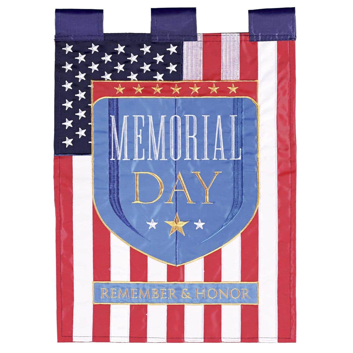 13x18 Memorial Day garden flag with soldier silhouette, American flag motif and Remember & Honor text in double applique military style.