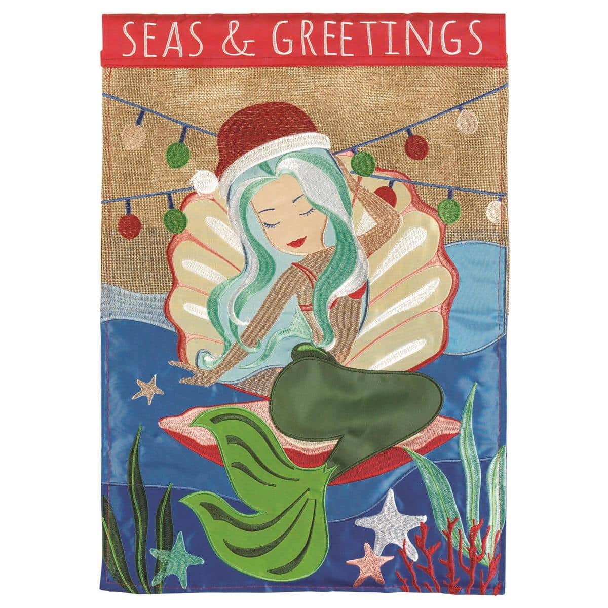 13x18 double applique garden flag showing a mermaid with holiday accents, seashells, starfish, snowflakes, and "Seas and Greetings" text in festive coastal colors.