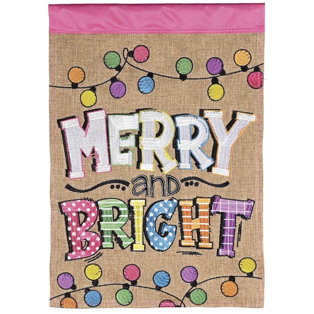 Merry Bright String Lights Christmas flag with colorful string lights, double applique stitching, two-sided Merry Bright text, and durable outdoor fabric on a dark backdrop