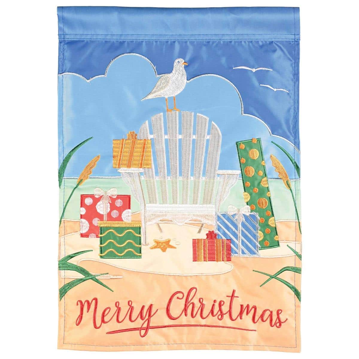 13x18 Merry Christmas Adirondack garden flag showing double applique Adirondack chairs, wreath and festive lettering on durable polyester for small porch, yard, or mailbox display.