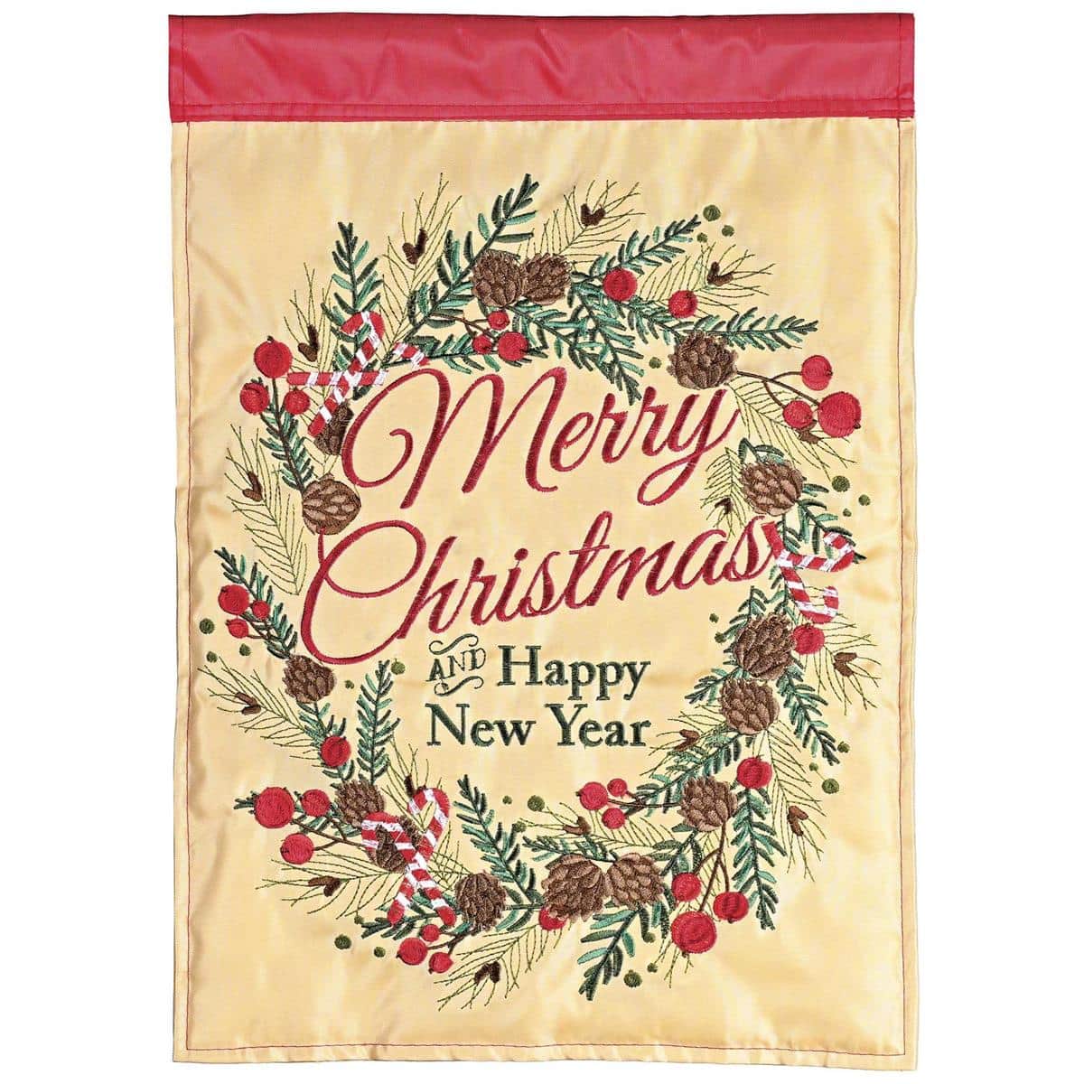 Double applique Merry Christmas And New Year flag with layered fabric, embroidered greeting, holly and snowflake motifs for porch or garden display.