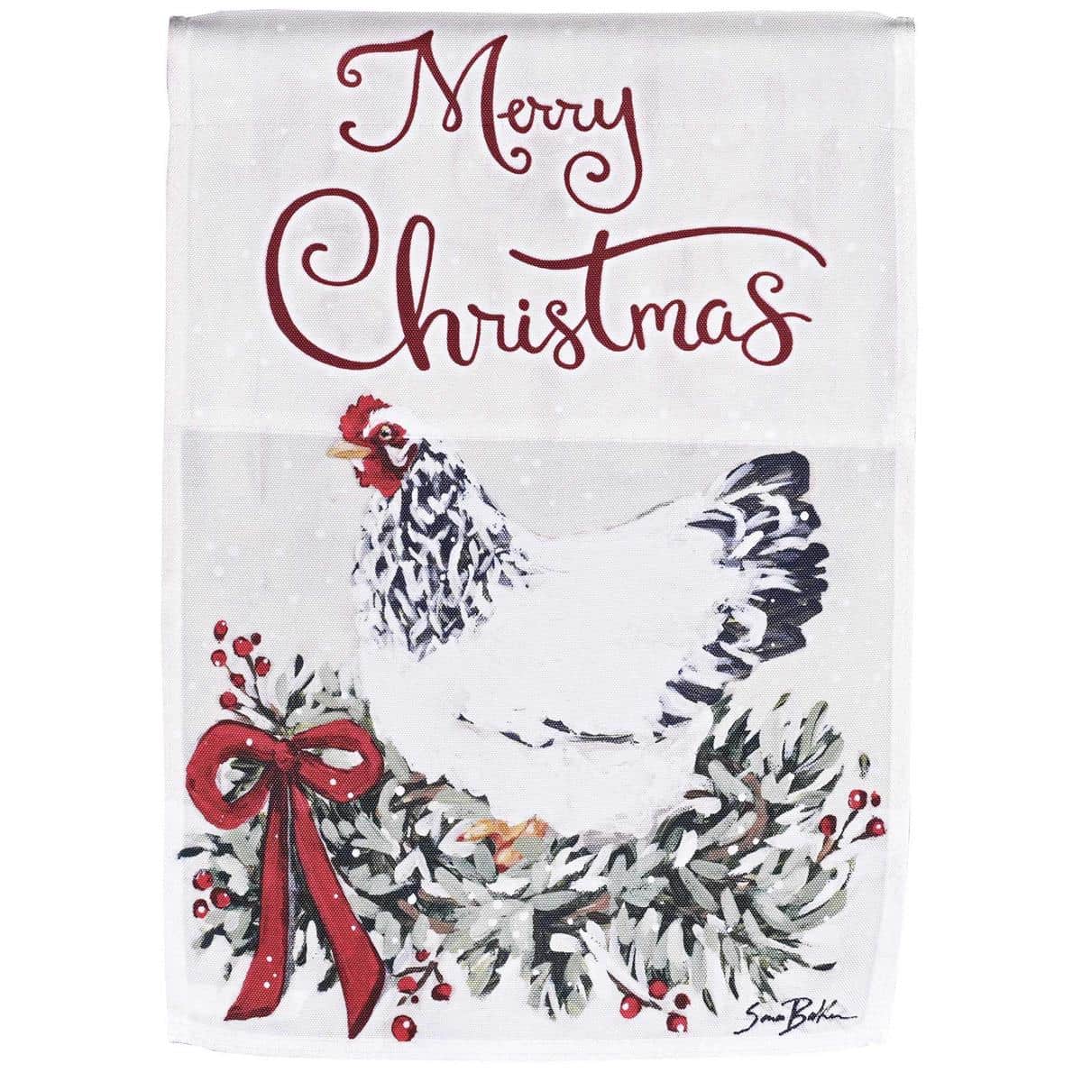 Merry Christmas Chicken flag showing a cheerful chicken wearing a Santa hat with holly accents, printed on outdoor fabric for porch display.