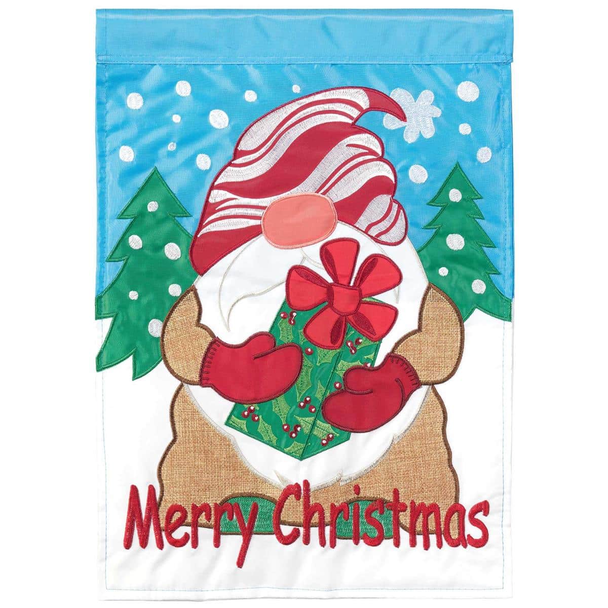 Festive double applique Merry Christmas gnome 13x18 garden flag, two-sided and durable, bright red hat gnome with snowflakes for winter outdoor display