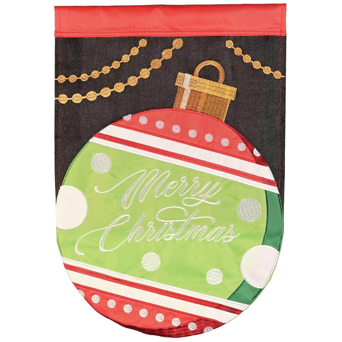 13x18 Merry Christmas Ornament garden flag with layered double applique ornaments, scripted Merry Christmas greeting, and durable polyester fabric for outdoor porch and garden holiday display.