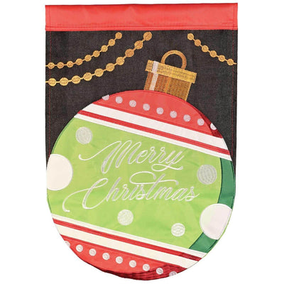 13x18 Merry Christmas Ornament garden flag with layered double applique ornaments, scripted Merry Christmas greeting, and durable polyester fabric for outdoor porch and garden holiday display.