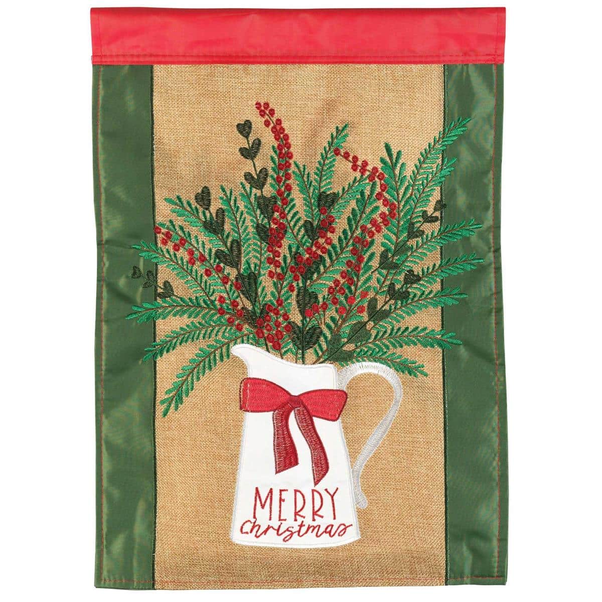 13x18 Merry Christmas Pitcher garden flag with layered double applique showing a vintage pitcher filled with poinsettias, pine sprigs, and red berries in traditional red and green holiday colors.