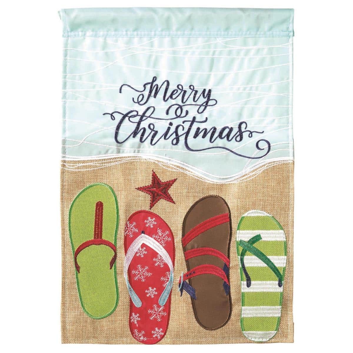 Merry Christmas Sandals double applique garden flag with festive flip-flops and holly on a burlap-look background, 13 x 18 inches, two-sided with top sleeve.