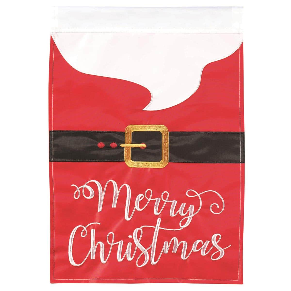 13x18 Merry Christmas garden flag featuring Santa with a large gold buckle on his red suit, double applique layers, green holly accents, white trim, and bold festive lettering.