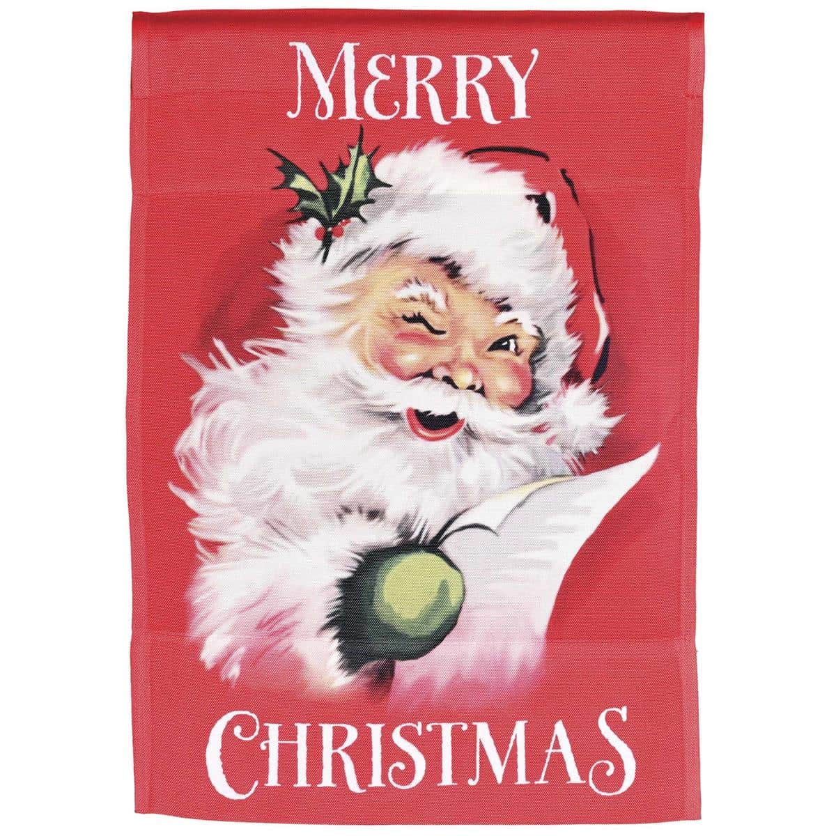 13x18 inch Merry Christmas Santa printed garden flag showing jolly Santa in red suit with gifts, holly and festive typography on a bright holiday background, displayed on a metal garden flag stand in a front yard.