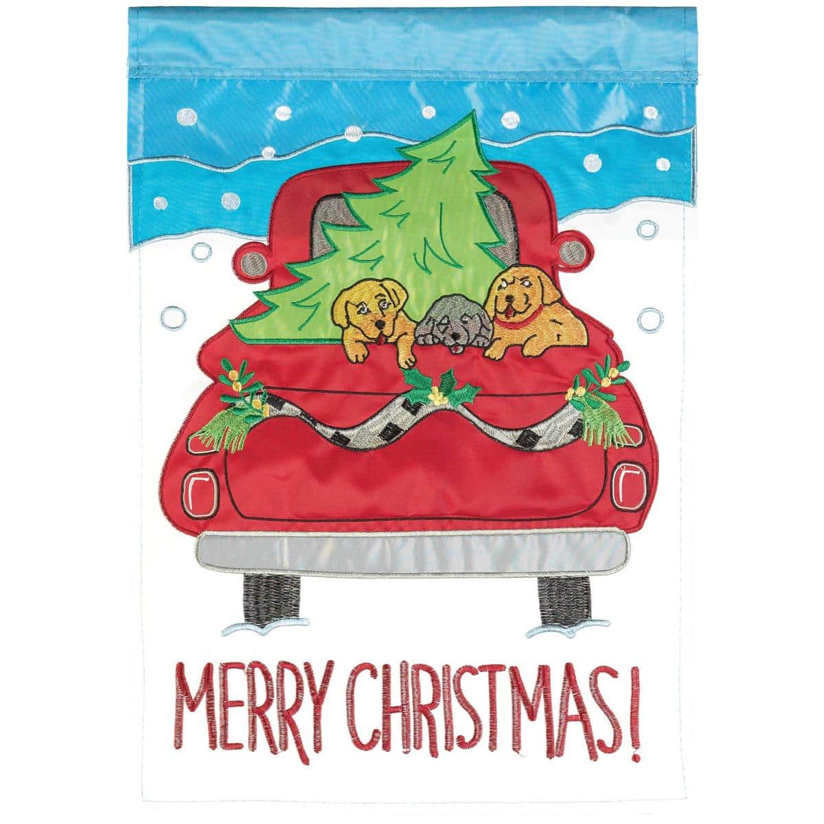 29x42 Merry Christmas Truck double applique banner flag showing red vintage pickup carrying a Christmas tree and wreath with plaid accents for outdoor porch or garden display