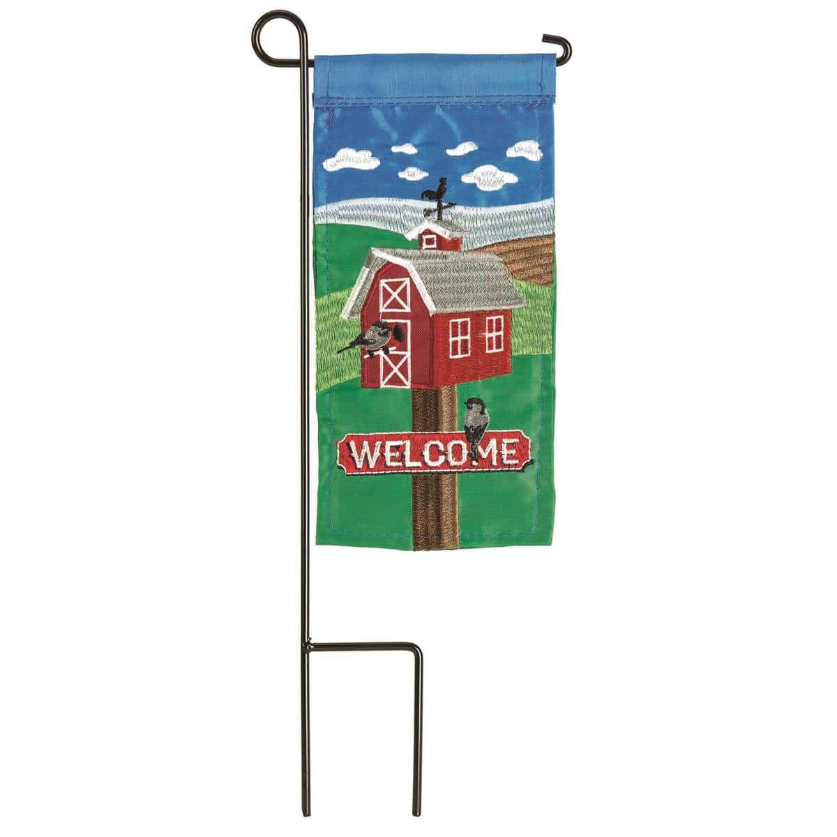 Mini 4x8 Welcome flag with painted birdhouse, two songbirds perched nearby and the word 'Welcome' in script, shown mounted on a short garden stake in a planter.