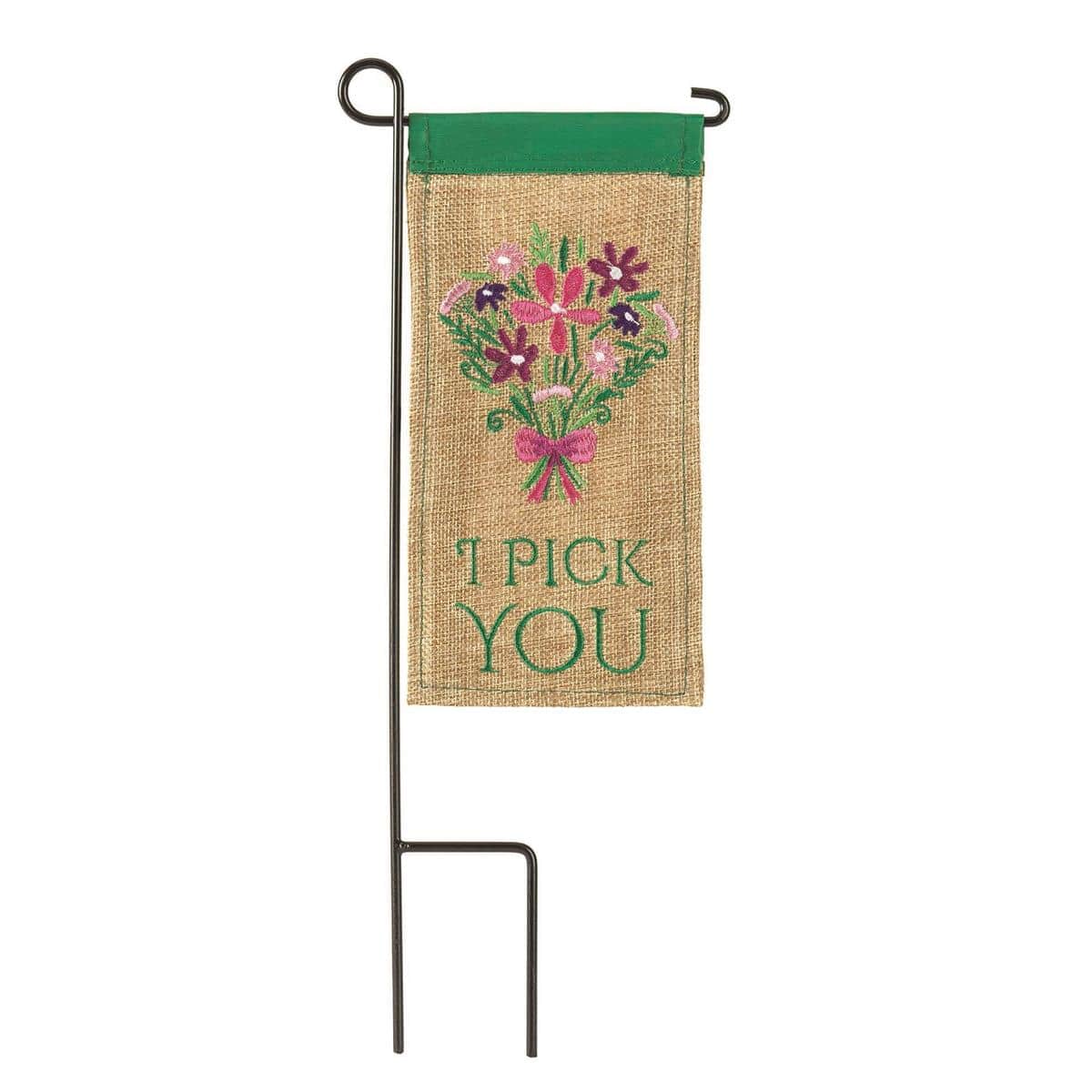 Mini Bouquet I Pick You 4x8 floral mini flag showing a small bouquet illustration and the phrase "I Pick You" designed for mini flag stands and planter displays.