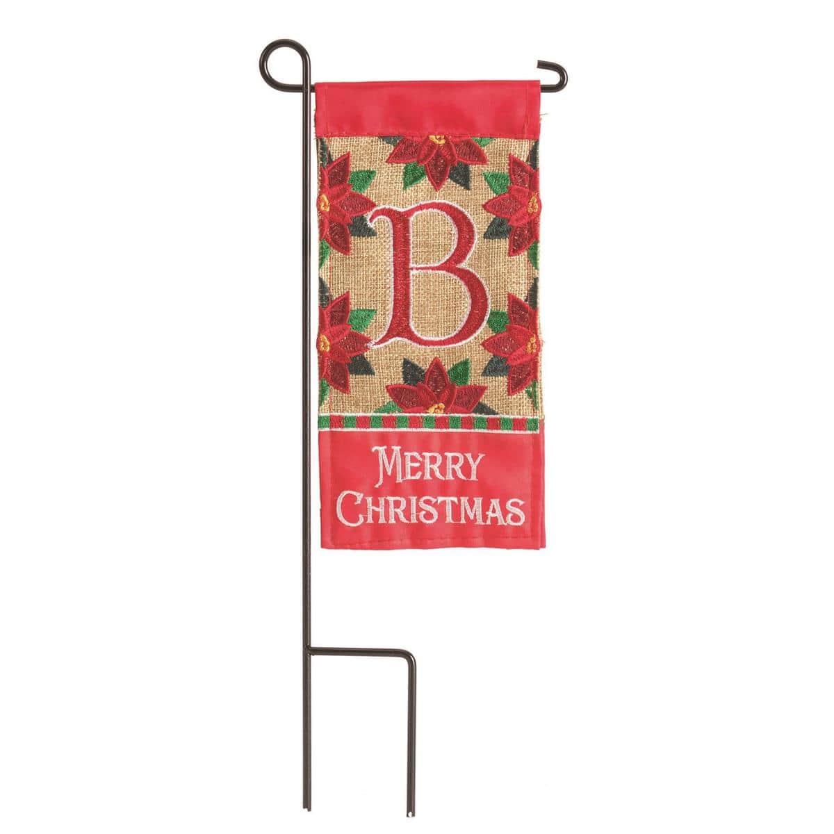 4x8 Mini Christmas Monogram B flag with holly accents and bordered design, small hanging sleeve for mini stand, styled for trays, mantels, and planters
