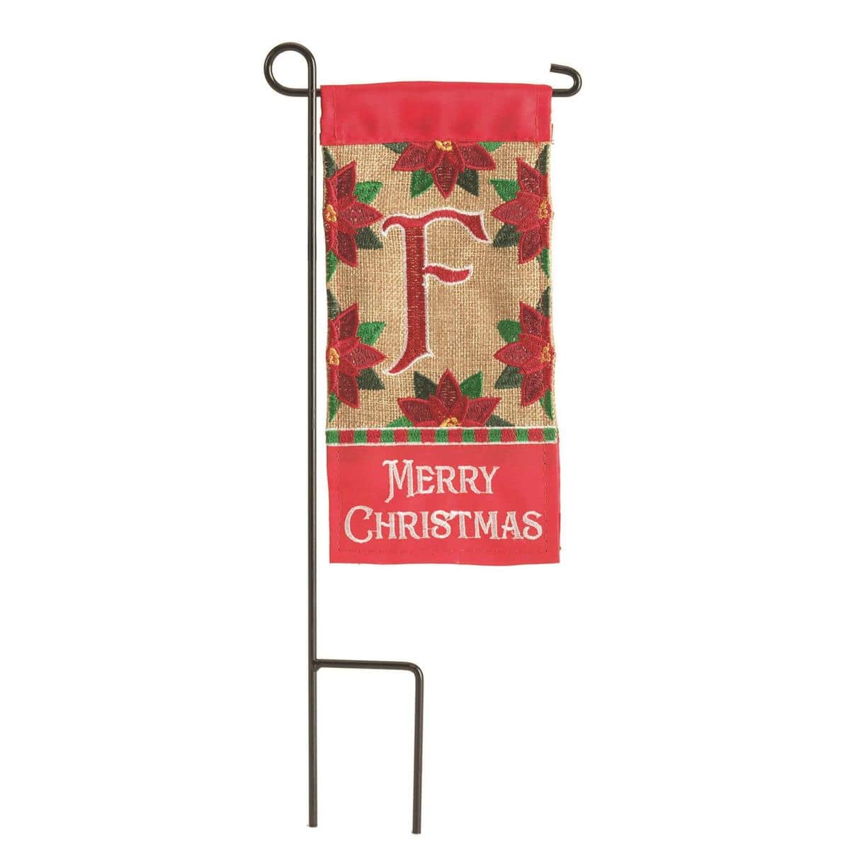 4x8 inch mini Christmas monogram flag with the letter F on a festive holiday background, compact personalized flag suitable for porch, mailbox, wreaths, and tabletop displays.