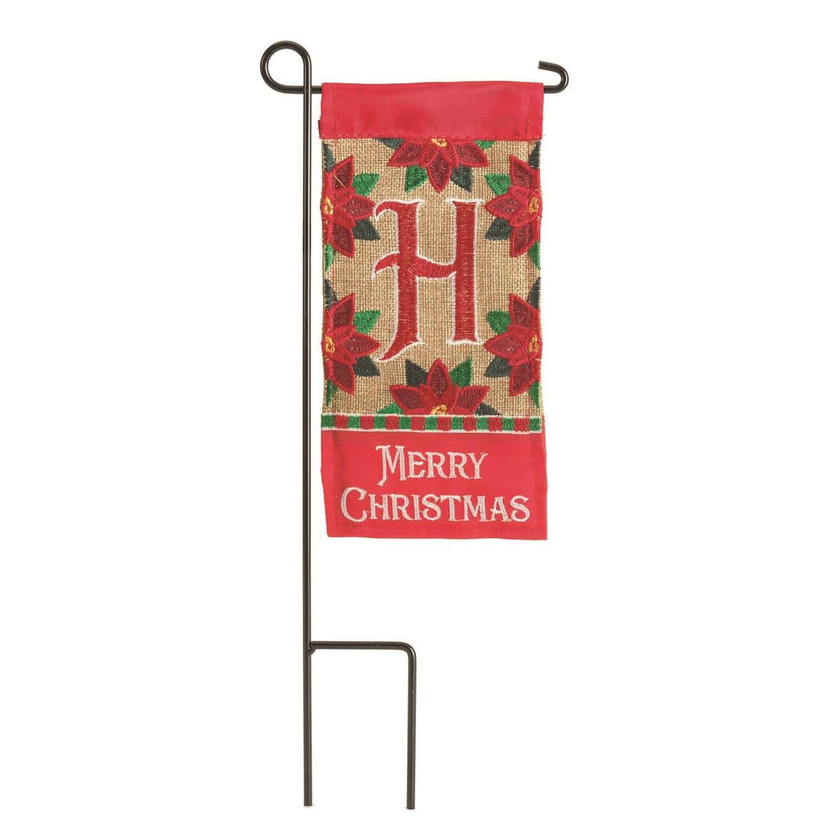 Red and green Mini Christmas Monogram H flag, 4x8 inches, with classic serif letter H and holiday accents, shown on a small pole sleeve for display.