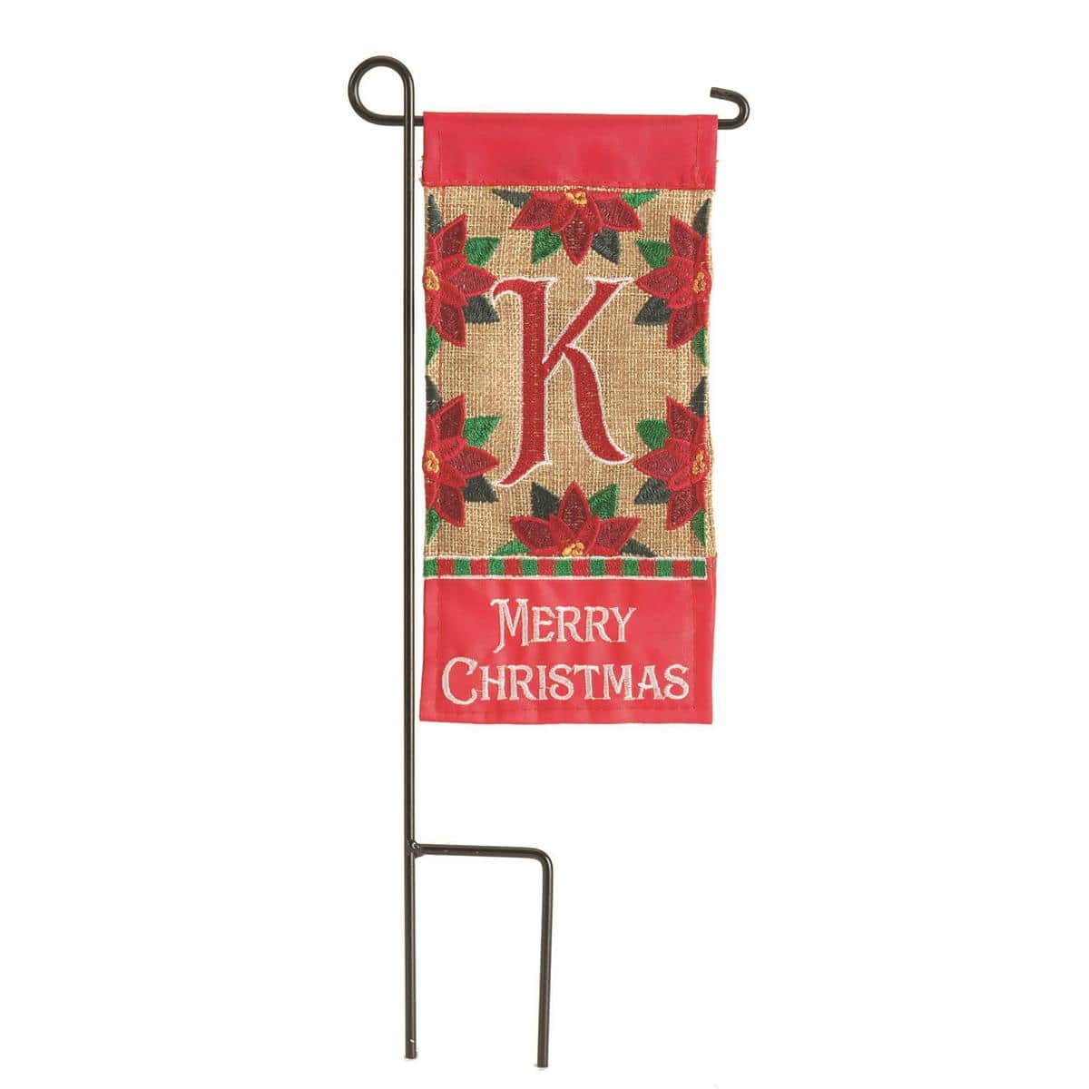 Mini Christmas Monogram-K 4x8 flag featuring festive letter K with holly accents, ideal for mini stands, wreaths, offices, and tabletop displays.
