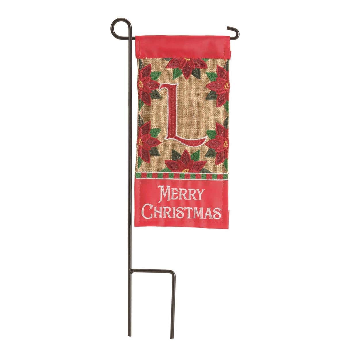 Mini 4x8 inch Christmas flag with bold letter L monogram and festive holly accents designed for mini pole or planter display.