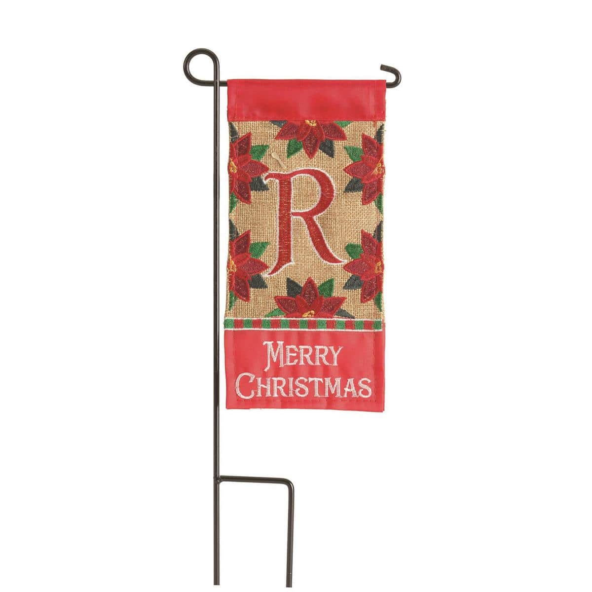 4x8 inch Mini Christmas Monogram flag with letter R in festive red and green, holly and pine accents, shown hanging on a porch planter.