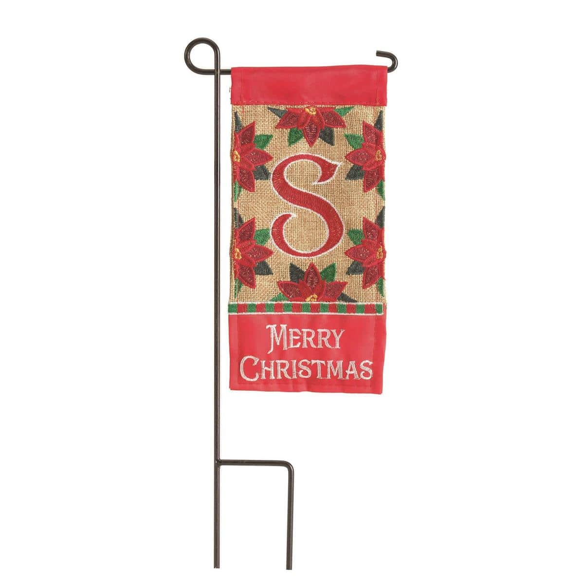 Red and green Mini Christmas Monogram-S 4x8 inch monogram flag featuring scripted S, displayed in a planter on a front porch for seasonal decor.