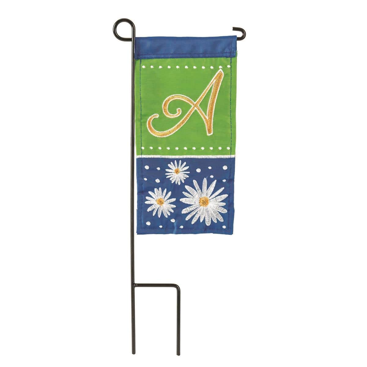 Close-up of Mini Daisy Monogram-A 4 x 8.5 inch mini flag with white daisies encircling black letter A, ideal for wreaths, doors, planters, and desks.