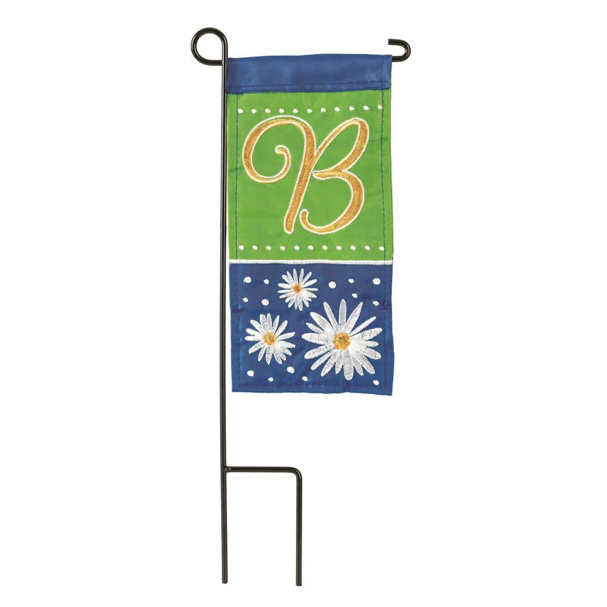 Compact 4x8 inch mini flag showing a centered scripted letter B monogram surrounded by white daisy flowers on a textured background for patio and planter display.
