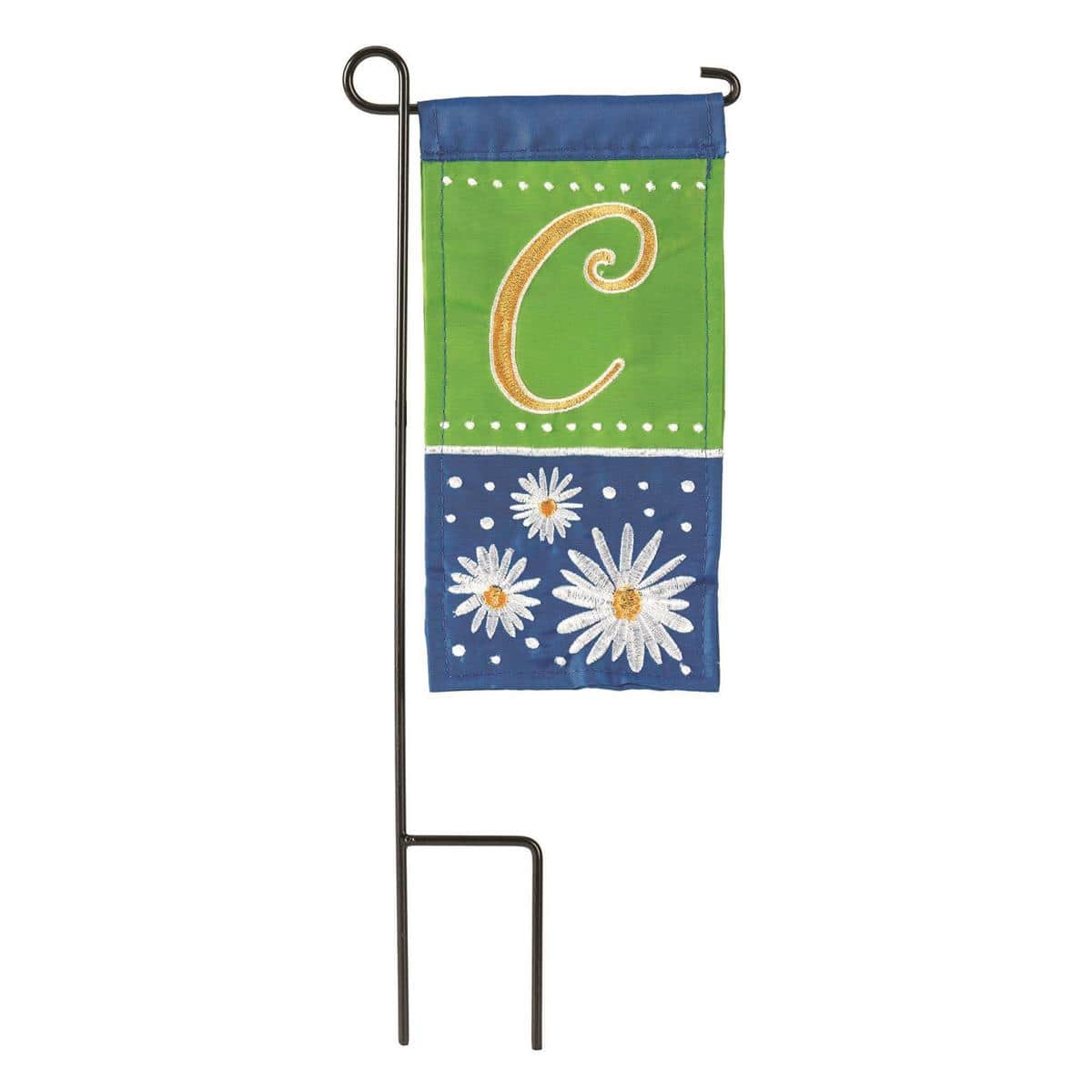 Mini Daisy Monogram-C 4x8 mini flag featuring a bold letter C surrounded by white daisy blooms on a clean background, shown on a small stand outdoors.