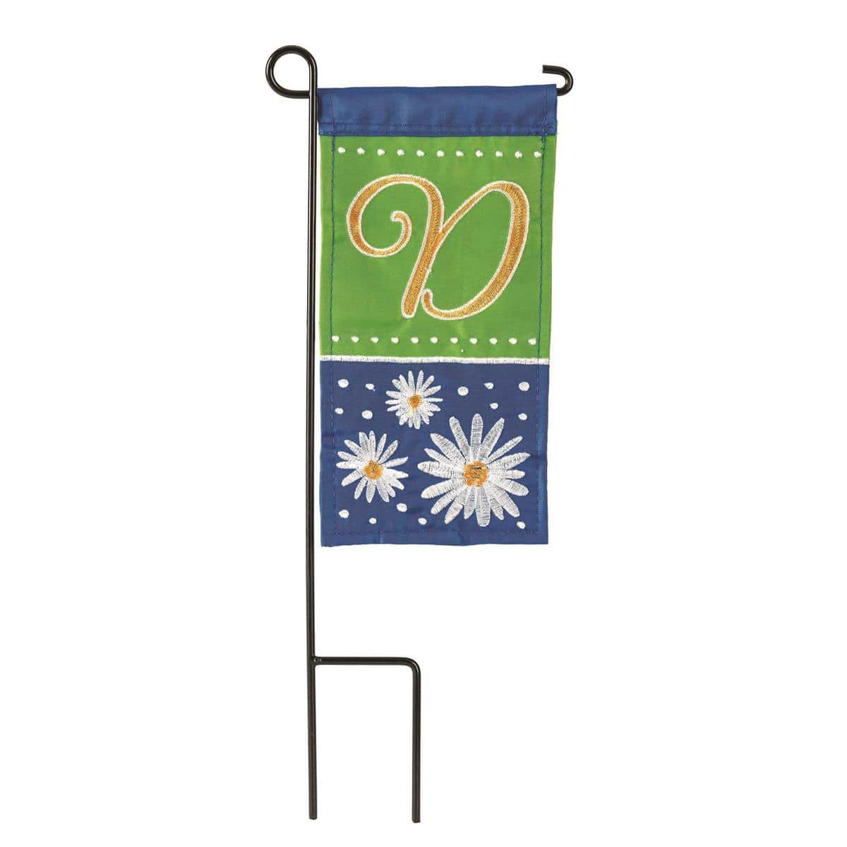 Dainty mini flag showing a single letter D monogram surrounded by daisies, sized 4 x 8 inches for planters, mailboxes, tabletops, and small garden displays.