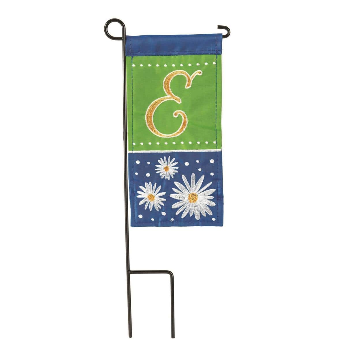Close-up photo of Mini Daisy Monogram-E 4x8 mini flag showing white and yellow daisy pattern around a scripted letter E, stitched edges, and a 4.0 x 8.5 inch sleeve for mini poles.