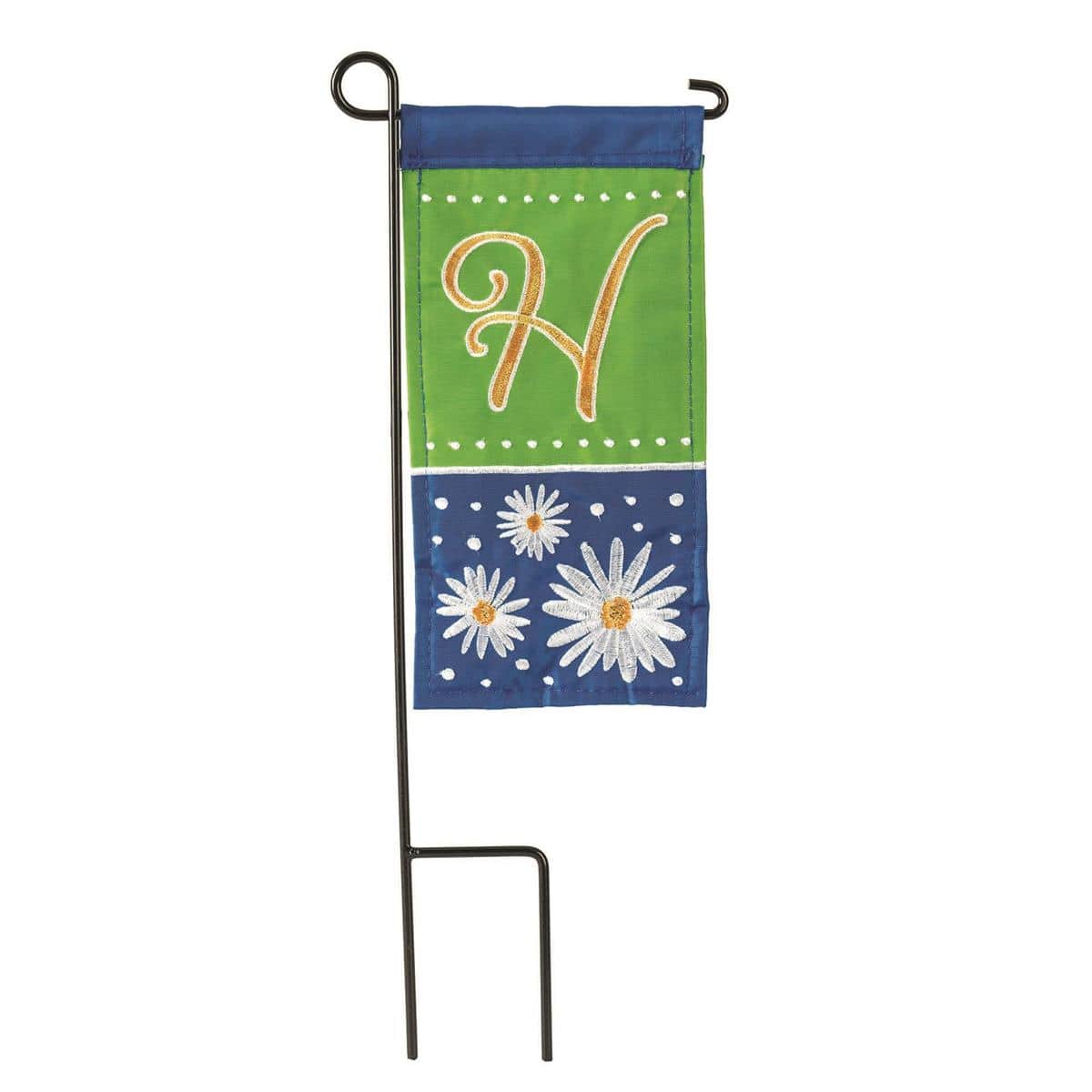 Close-up of Mini Daisy Monogram H 4x8 mini flag featuring white and yellow daisies forming a wreath around a bold letter H, shown mounted on a small porch flag holder and photographed against a neutral entryway background.