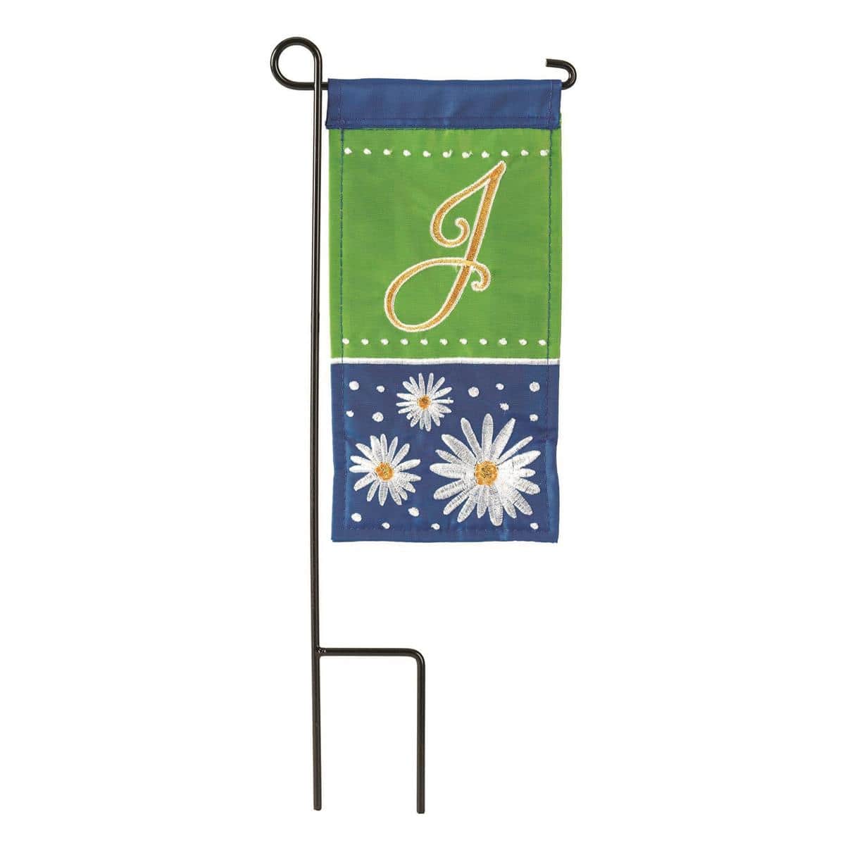 Closeup of 4x8 Mini Daisy Monogram-J flag showing daisies and letter J on a compact outdoor garden flag.