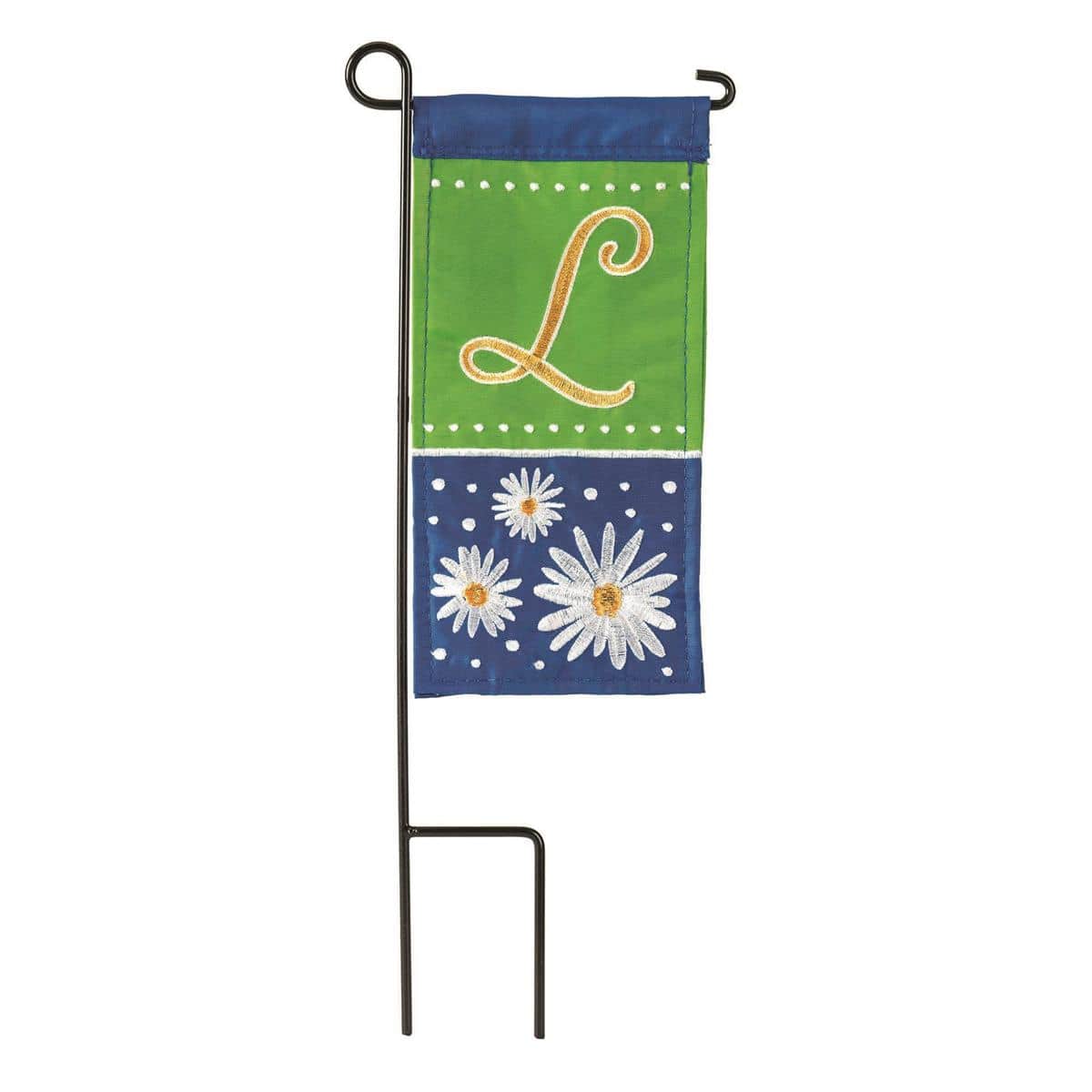4x8 inch mini flag showing a centered letter L in a decorative script surrounded by white and yellow daisy blossoms on a pastel background, with reinforced hem and a pocket for a mini stake for porch or planter display.
