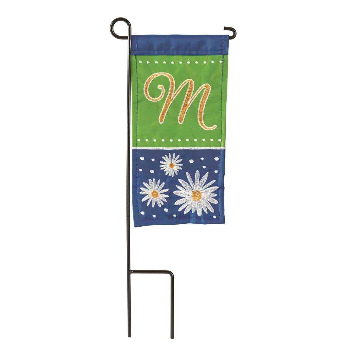 Mini Daisy Monogram-M 4x8 mini flag with daisy pattern and letter M monogram on a small garden stake, shown displayed on a porch rail for scale.
