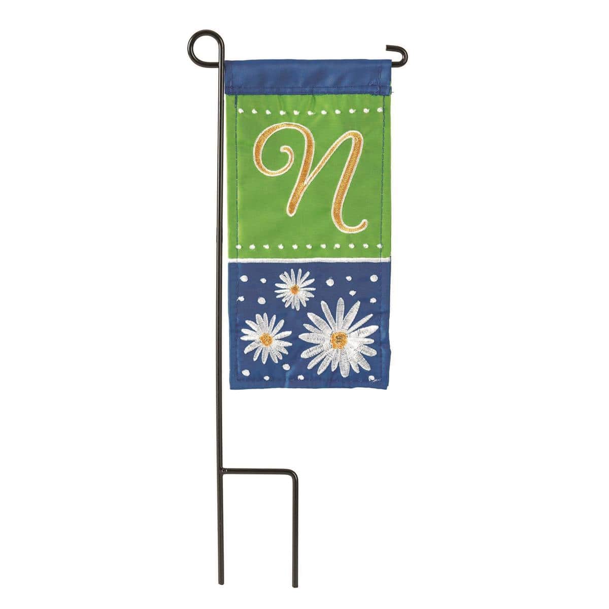4x8 mini flag featuring a white daisy motif around a scripted N monogram on a cheerful background, shown mounted on a small garden flag pole suitable for porches and planters