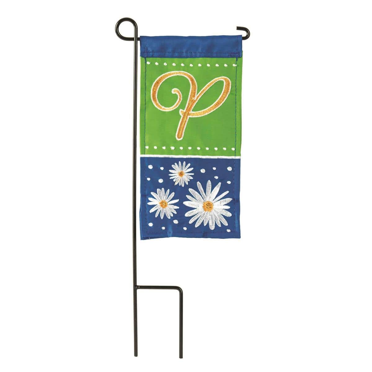 Mini Daisy Monogram-P small garden flag featuring the letter P at center surrounded by repeating daisy motifs, displayed on a 4x8 mini flag sleeve for planter or porch pole.