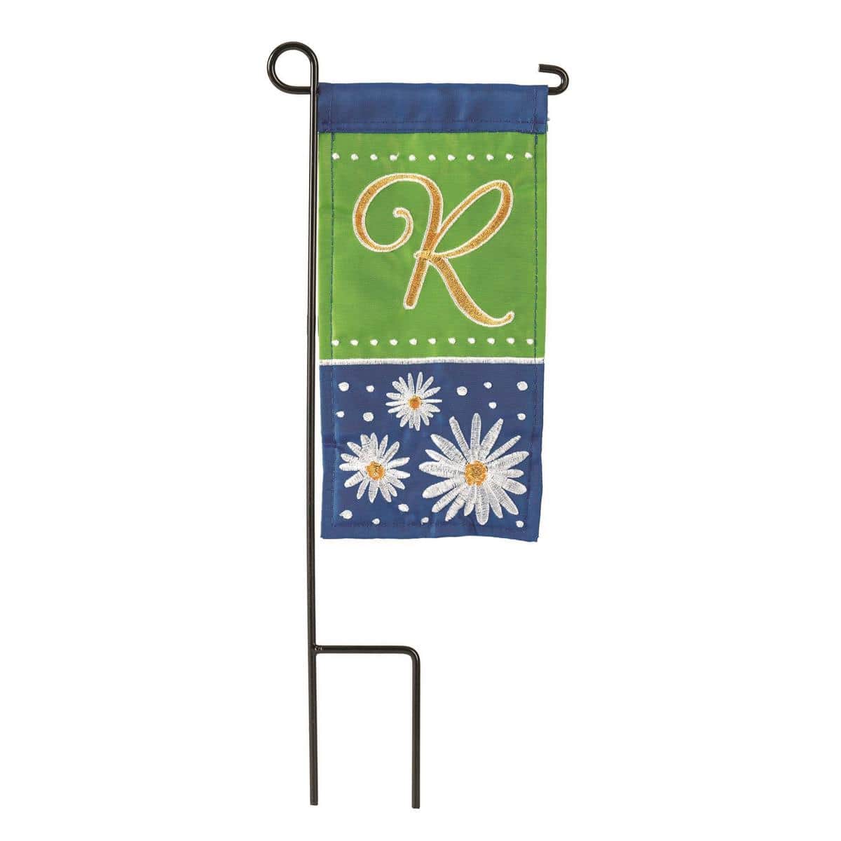 Mini Daisy Monogram-R garden mini flag, 4 x 8 inches, featuring a bold R initial surrounded by cheerful white daisies, perfect for porch planters and mailbox posts