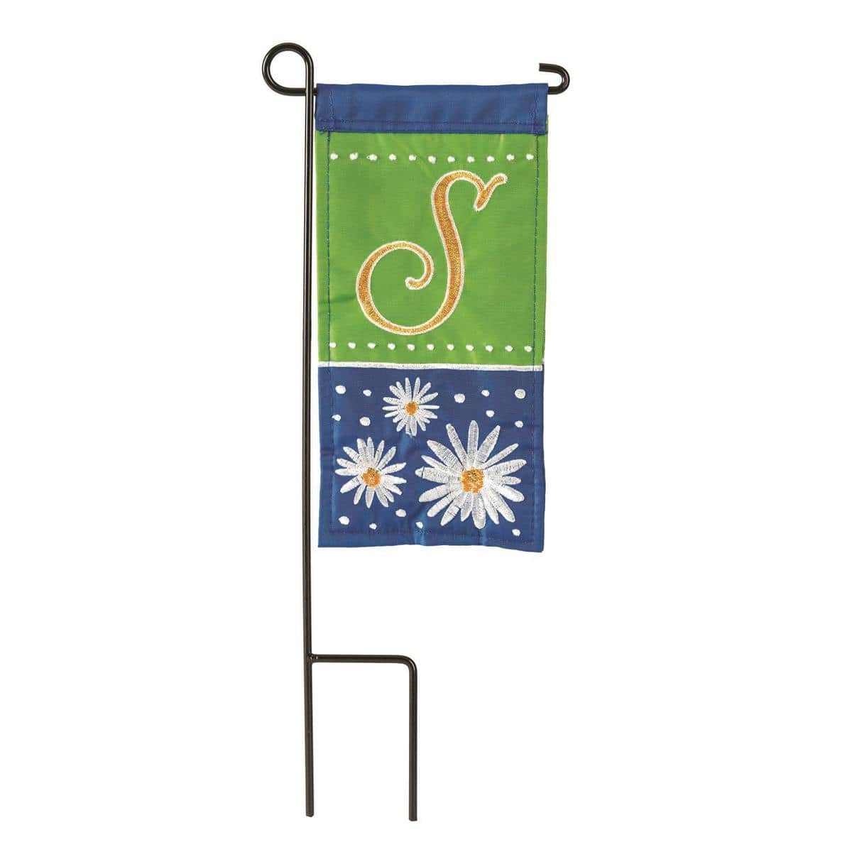 Mini Daisy Monogram-S 4x8 mini flag showing a single-letter S monogram surrounded by a daisy wreath, printed on durable weather-resistant fabric for garden planters, porch displays, and tabletop decor.