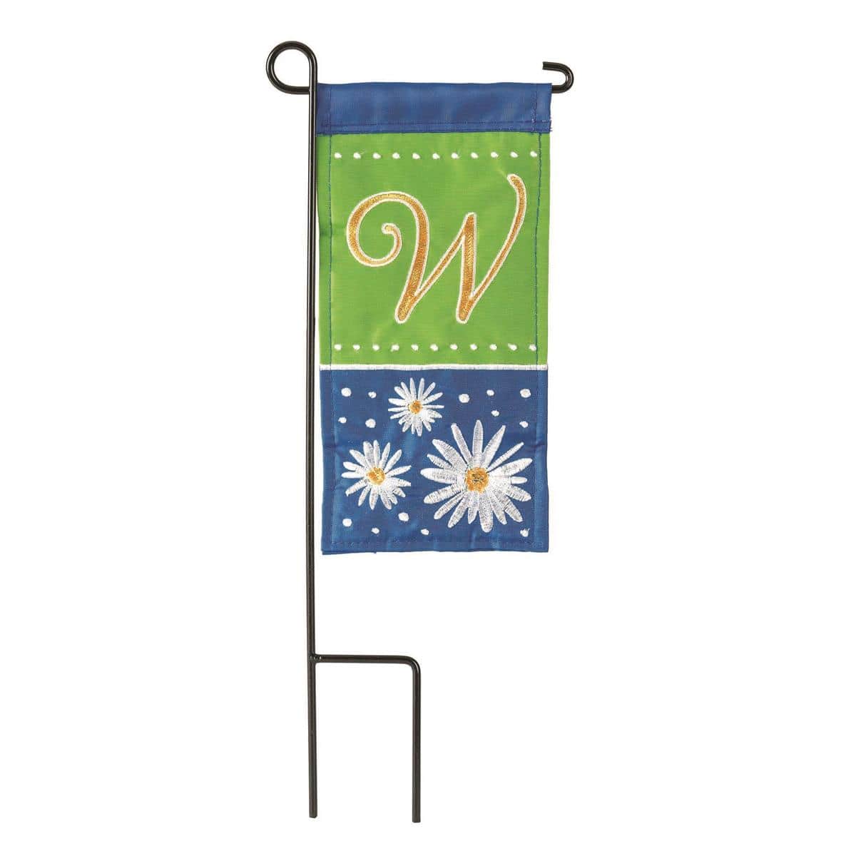 4x8 mini flag with letter W surrounded by small daisy blossoms, shown mounted on a short garden pole next to a porch planter.