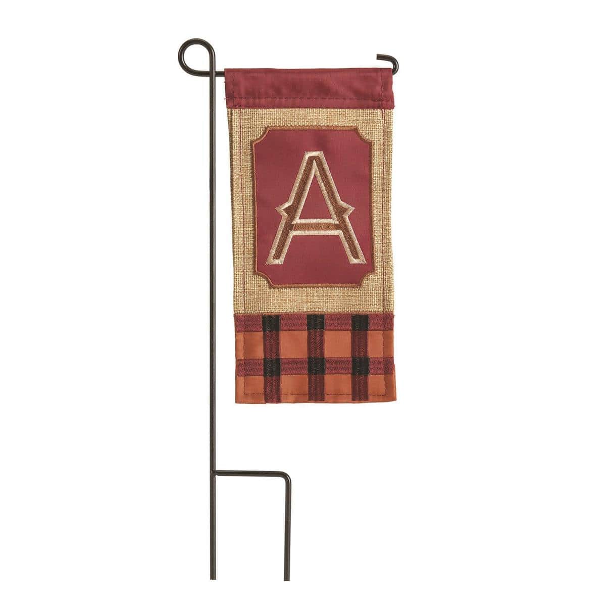Close-up of Mini Fall Burlap Monogram A mini flag, rustic woven texture with autumn tones, letter A centered, sized for 4 x 8.5 inch mini displays