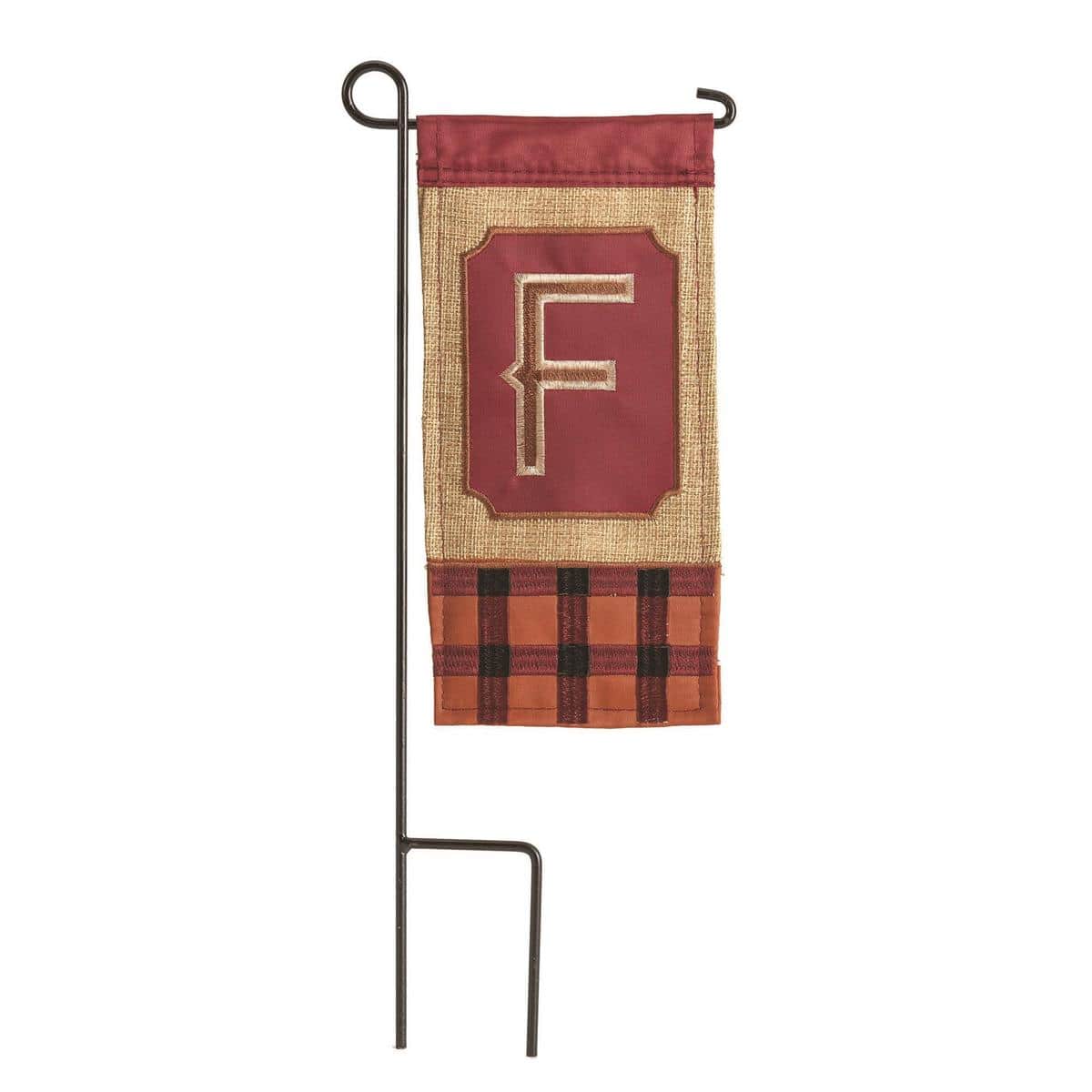 Mini Fall burlap monogram F 4 x 8 inch mini flag with stitched initial and sleeve for small stand, rustic autumn accent for porch planters or wreath displays