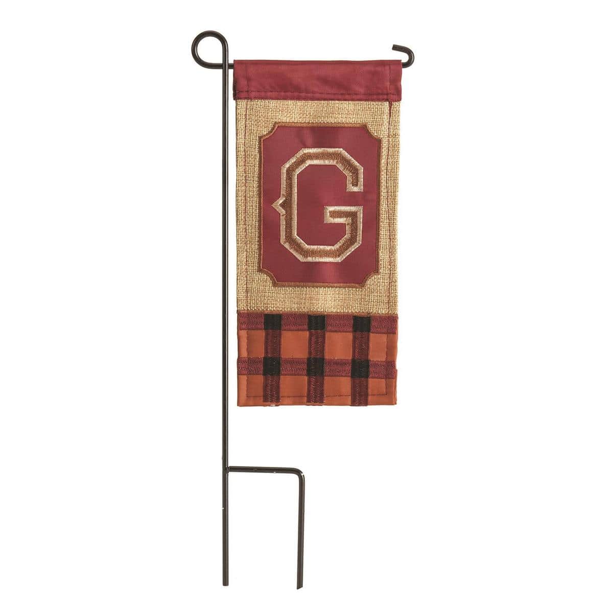 Mini burlap flag with letter G, autumn leaf and pumpkin accents shown mounted on a small decorative rod in a planter for porch or entryway seasonal decor.