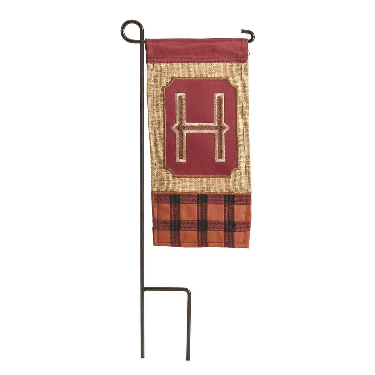 Close-up image of Mini Fall Burlap Monogram-H 4x8 mini garden flag showing textured burlap-style fabric, bold letter H monogram, and subtle autumn leaf accents for porch display.